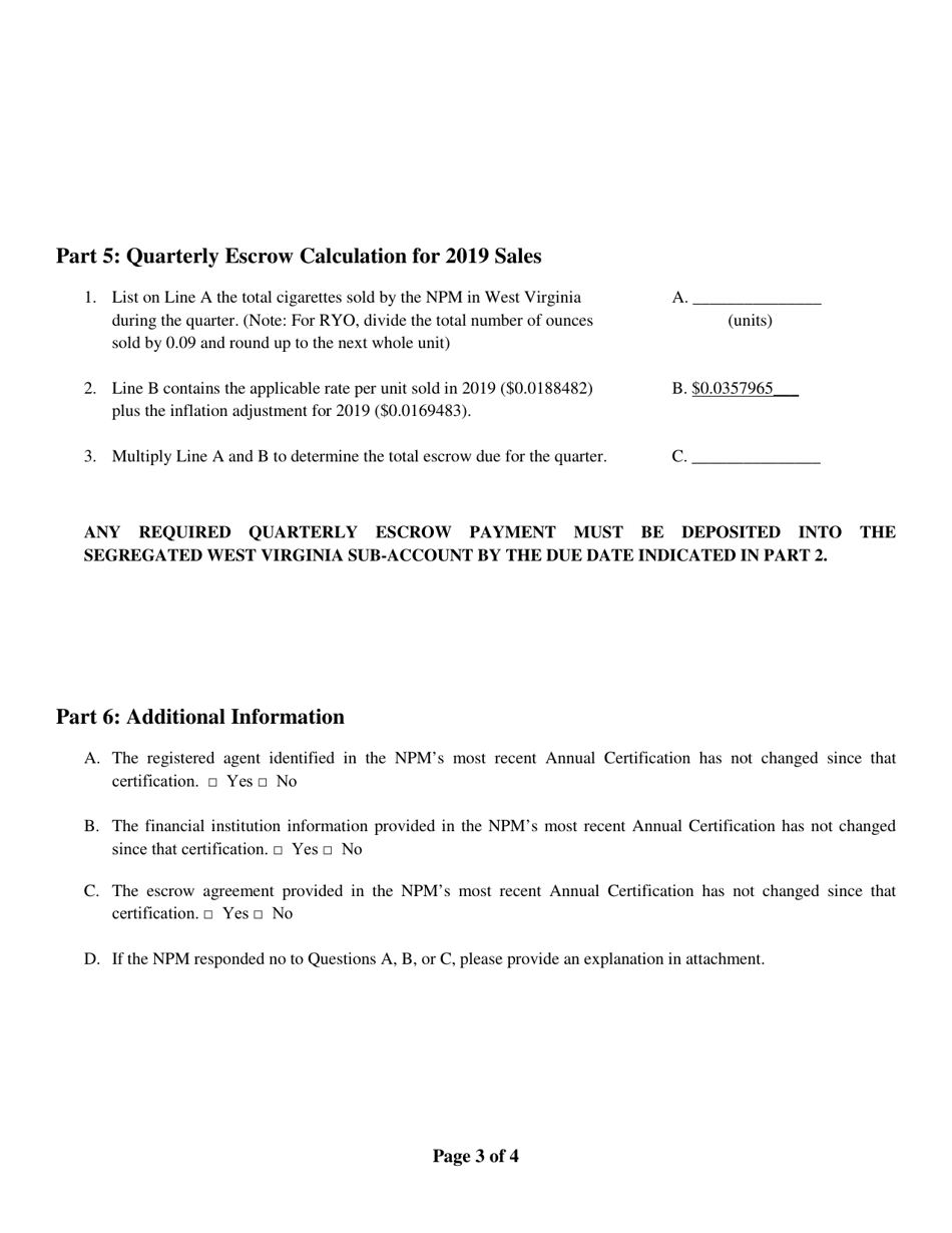 Non-participating Manufacturer Quarterly Certificate of Compliance - West Virginia, Page 3