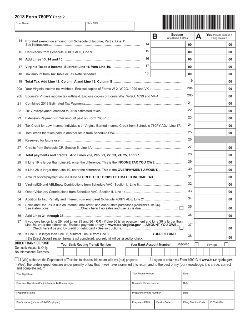 Form 760PY Virginia Part-Year Resident Income Tax Return - Virginia, Page 2