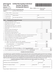 Document preview: Form 765 Unified Nonresident Individual Income Tax Return (Composite Return) - Virginia