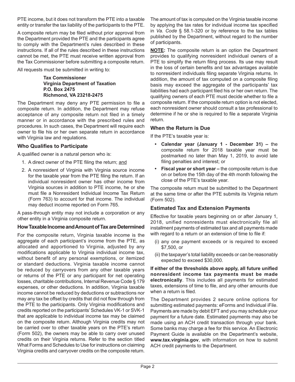 Instructions for Form 765 Unified Nonresident Individual Income Tax Return (Composite Return) - Virginia, Page 2