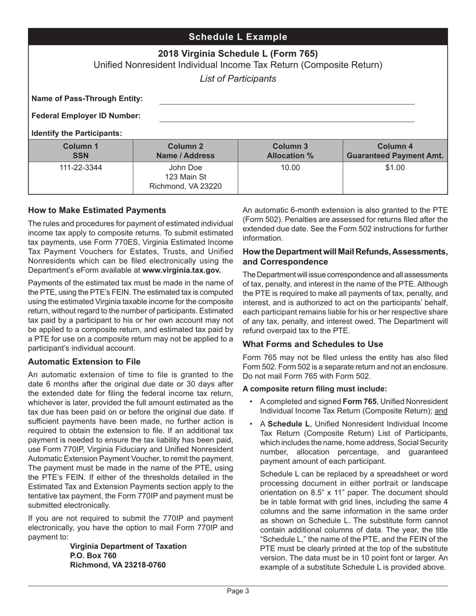 Instructions for Form 765 Unified Nonresident Individual Income Tax Return (Composite Return) - Virginia, Page 3