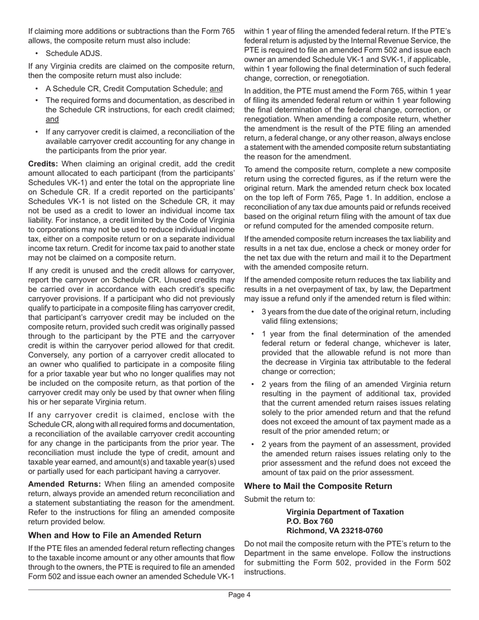 Instructions for Form 765 Unified Nonresident Individual Income Tax Return (Composite Return) - Virginia, Page 4