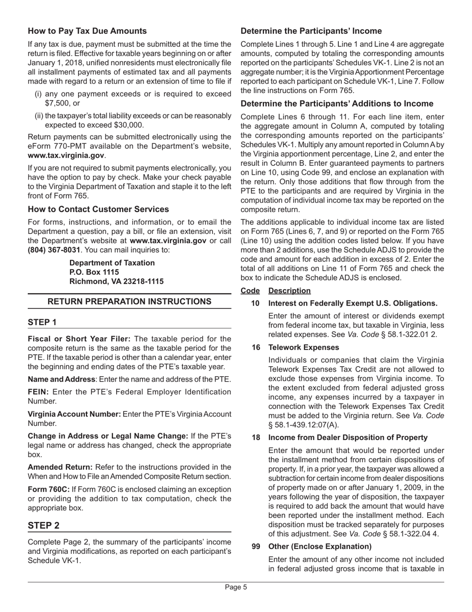 Instructions for Form 765 Unified Nonresident Individual Income Tax Return (Composite Return) - Virginia, Page 5
