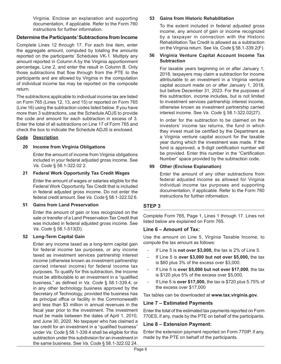 Instructions for Form 765 Unified Nonresident Individual Income Tax Return (Composite Return) - Virginia, Page 6