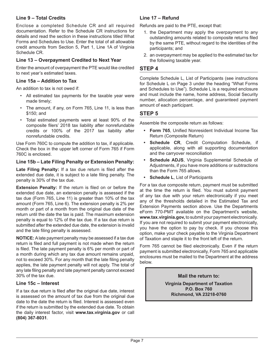 Instructions for Form 765 Unified Nonresident Individual Income Tax Return (Composite Return) - Virginia, Page 7