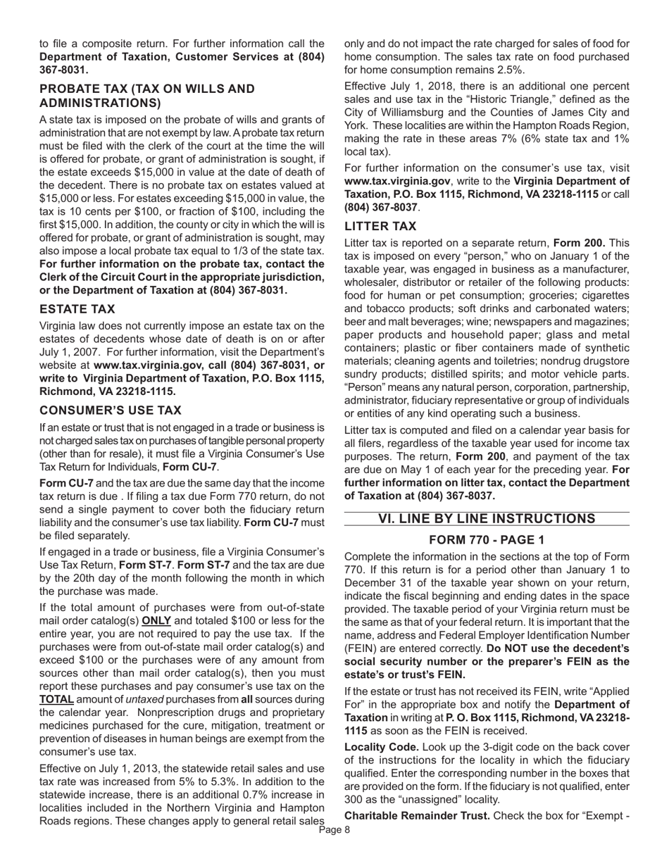 Instructions for Form 770 Virginia Fiduciary Income Tax Return - Virginia, Page 10