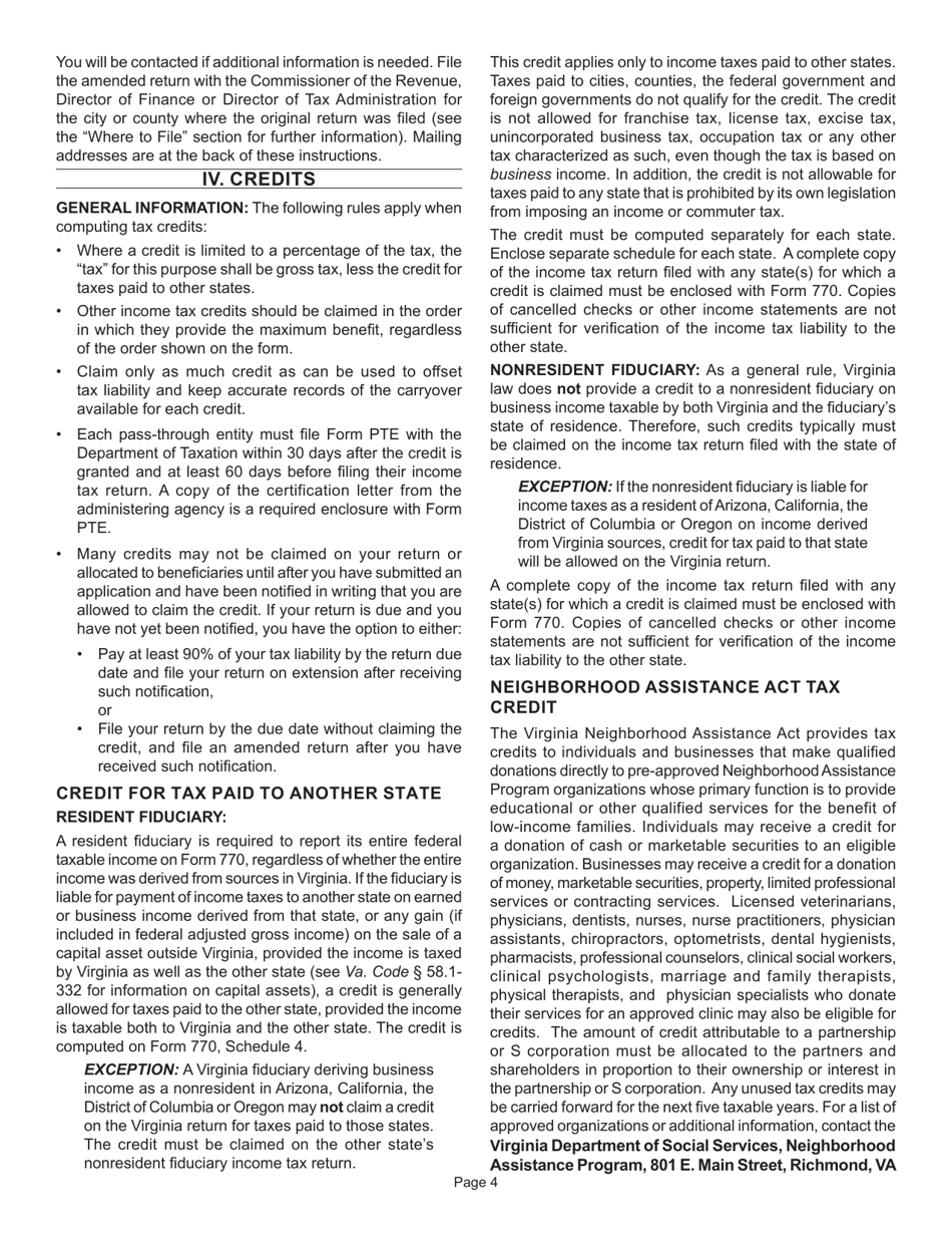 Instructions for Form 770 Virginia Fiduciary Income Tax Return - Virginia, Page 6