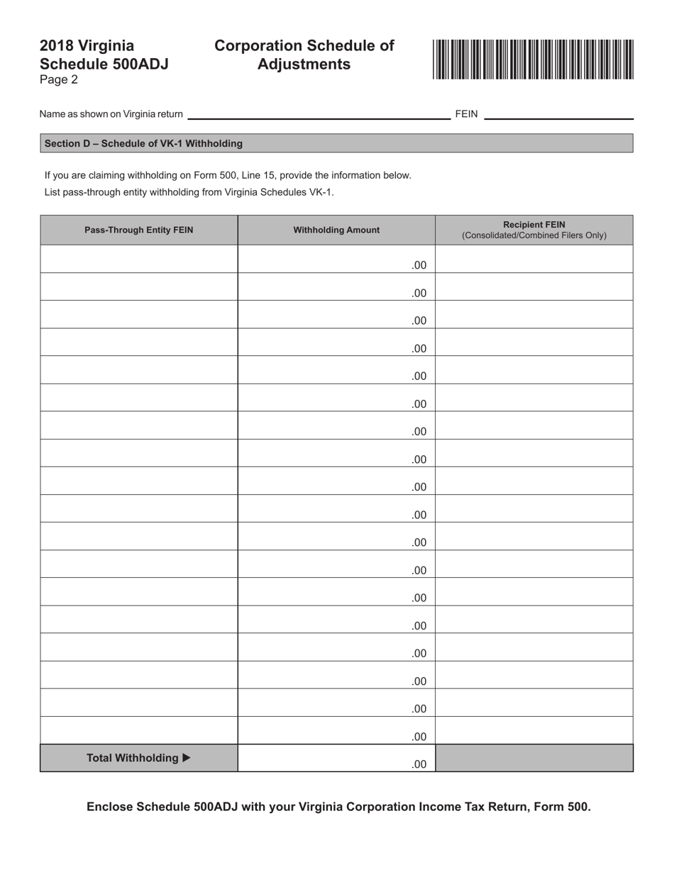 Schedule 500ADJ Corporation Schedule of Adjustments - Virginia, Page 2
