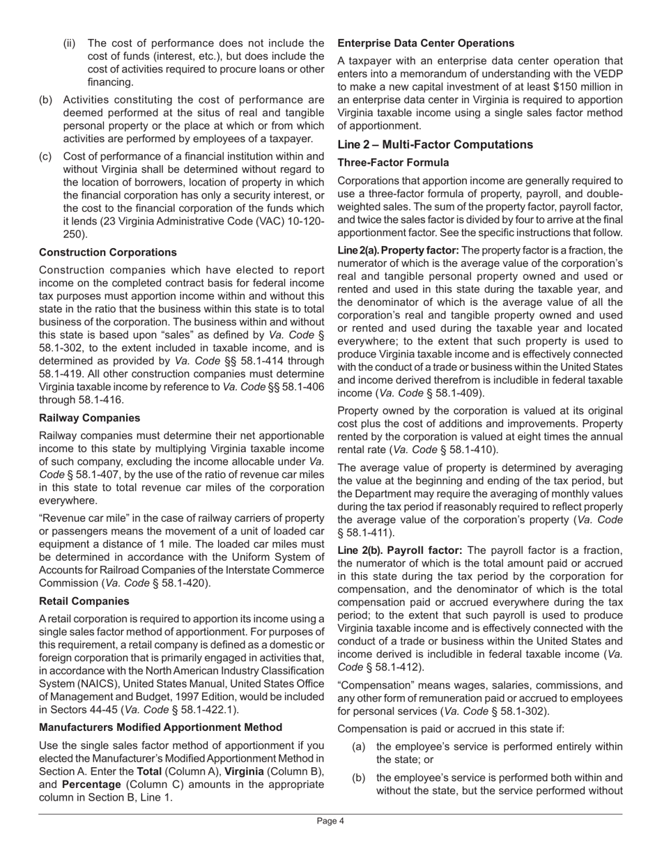 Instructions for Schedule 500A Allocation and Apportionment of Income - Virginia, Page 4