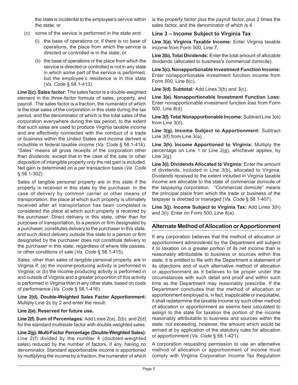 Instructions for Schedule 500A Allocation and Apportionment of Income - Virginia, Page 5