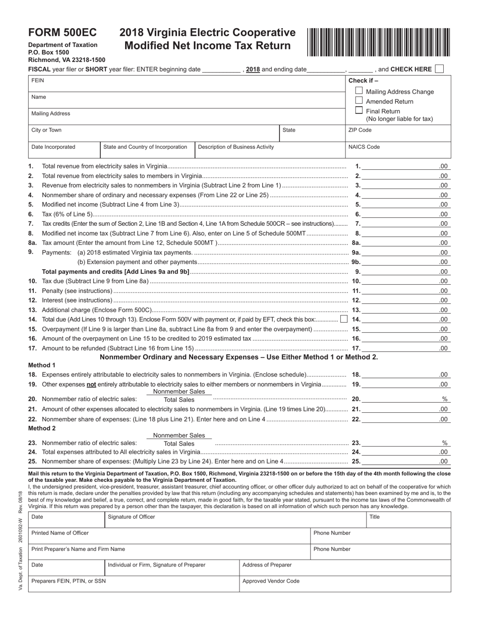 Form 500EC Electric Cooperative Modified Net Income Tax Return - Virginia, Page 1