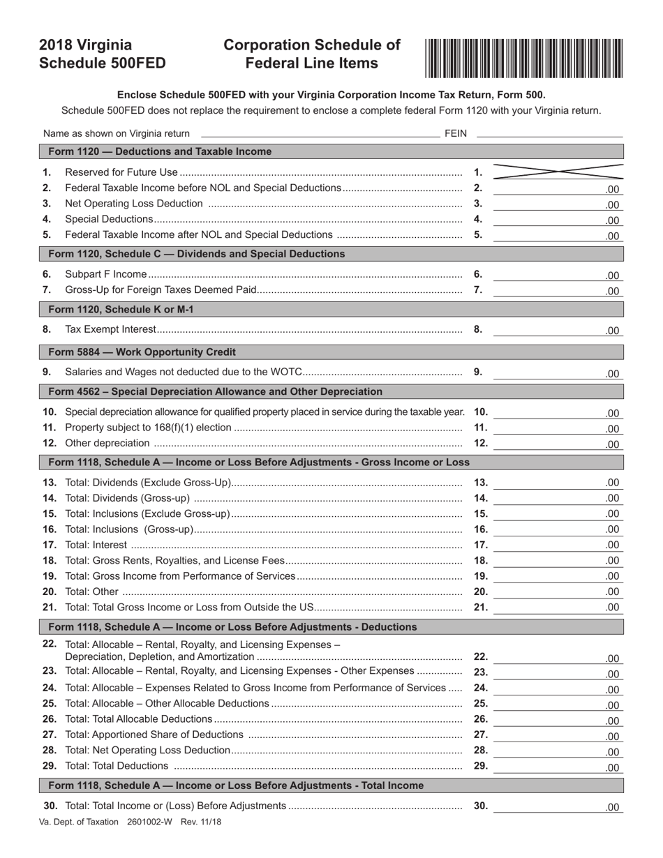 Schedule 500FED Corporation Schedule of Federal Line Items - Virginia, Page 1