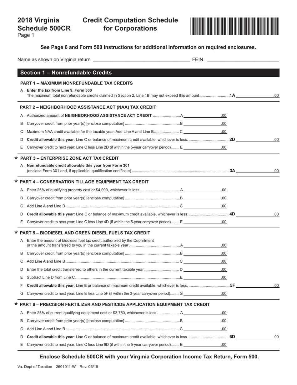 Schedule 500CR Credit Computation Schedule for Corporations - Virginia, Page 1