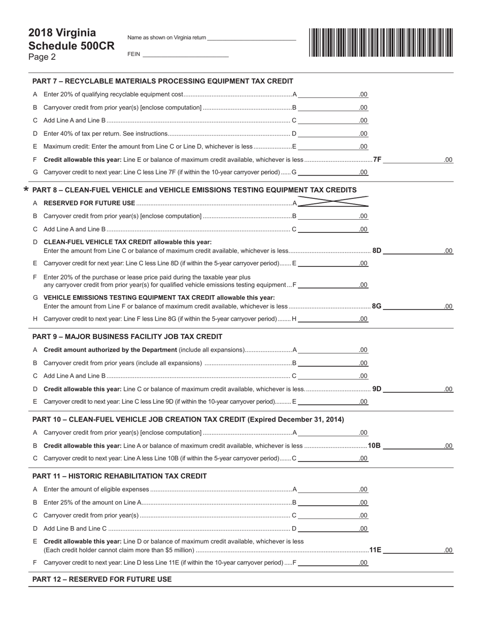Schedule 500CR Credit Computation Schedule for Corporations - Virginia, Page 2