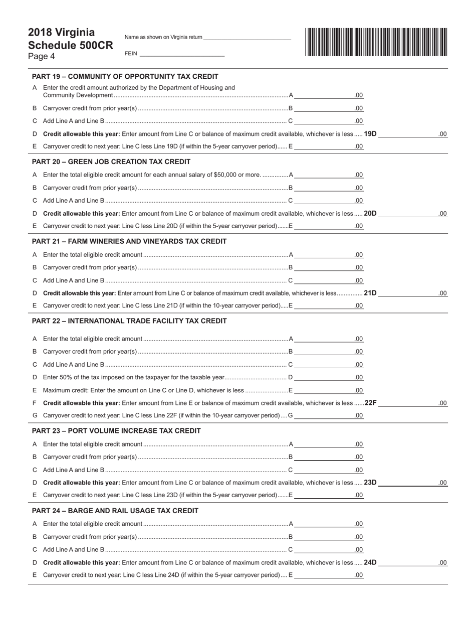 Schedule 500CR Credit Computation Schedule for Corporations - Virginia, Page 4