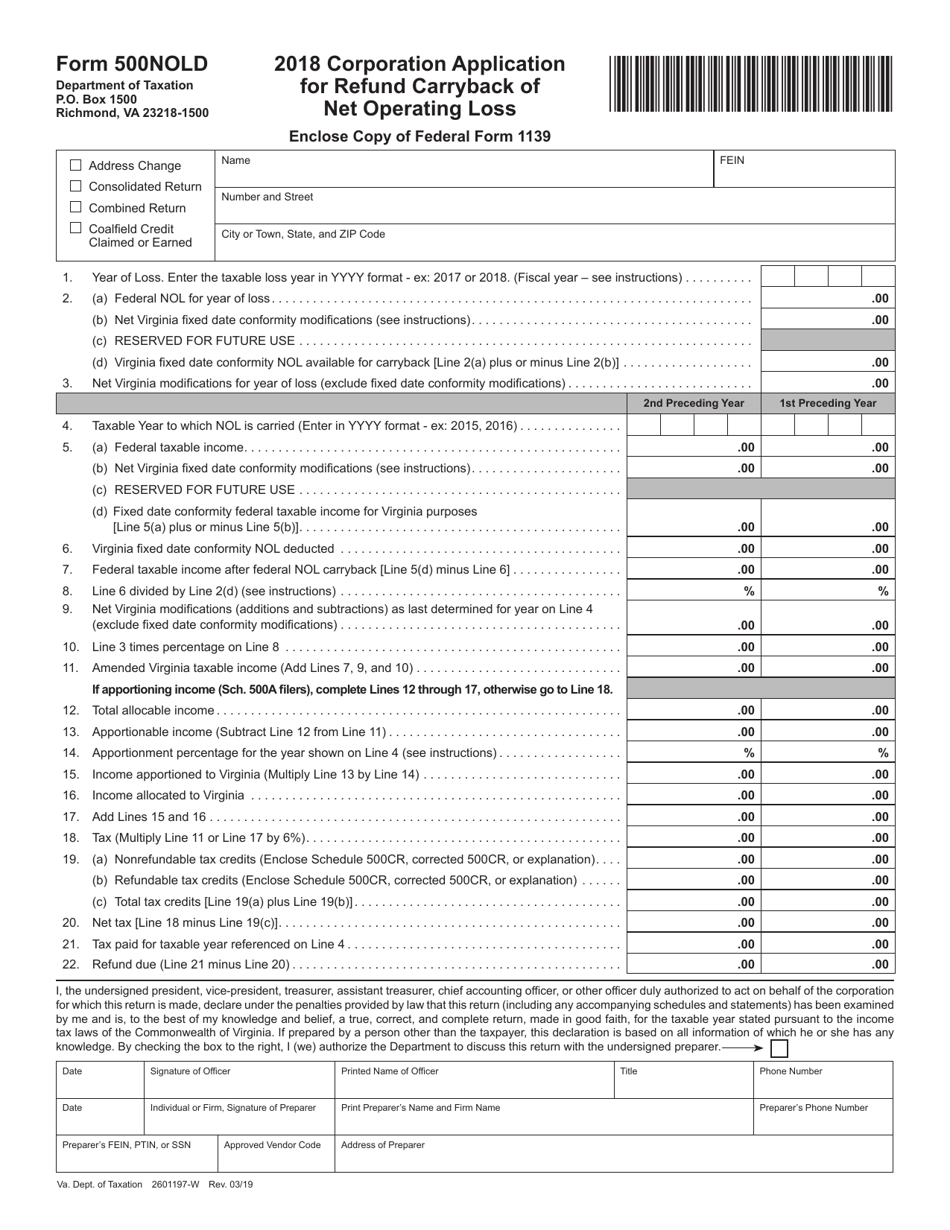 Form 500NOLD Corporation Application for Refund-Carryback of Net Operating Loss - Virginia, Page 1