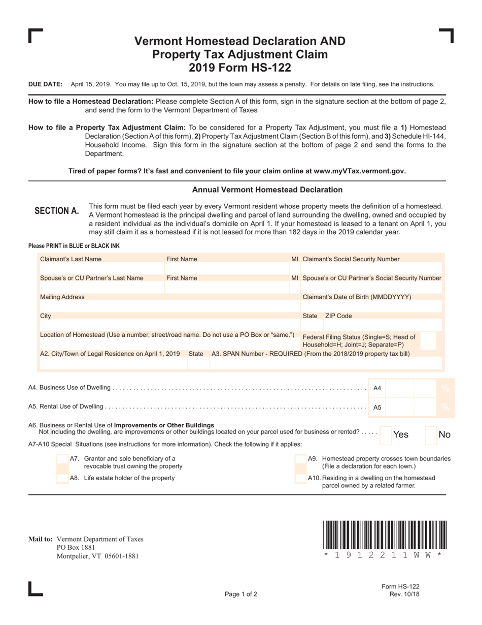 VT Form HS-122 Vermont Homestead Declaration and Property Tax Adjustment Claim - Vermont, Page 1