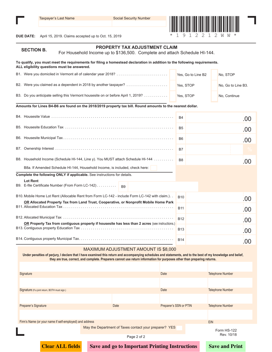 VT Form HS-122 - 2019 - Fill Out, Sign Online And Download Fillable PDF ...