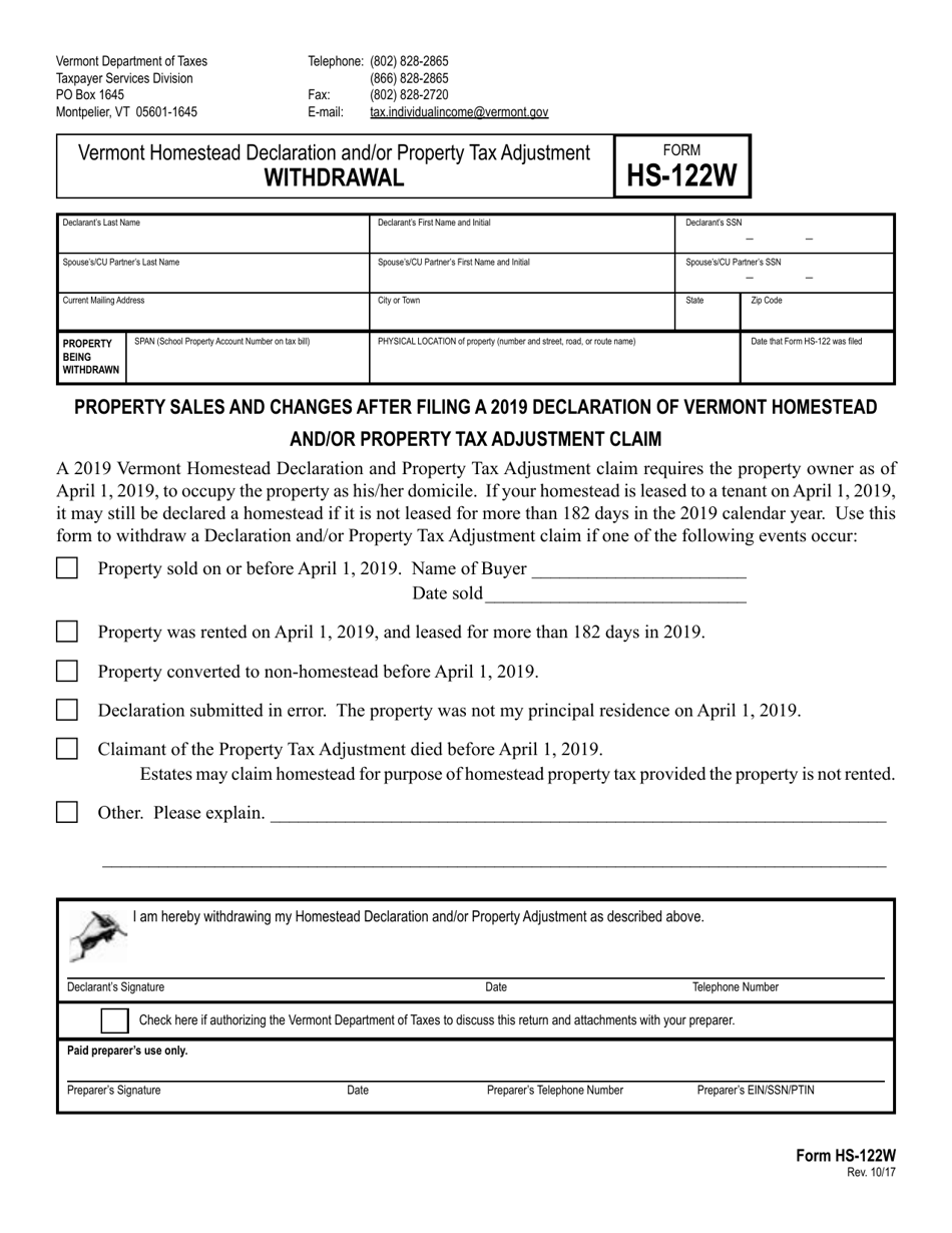 VT Form HS-122W Vermont Homestead Declaration and / or Property Tax Adjustment Withdrawal - Vermont, Page 1