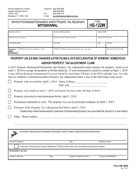 Document preview: VT Form HS-122W Vermont Homestead Declaration and/or Property Tax Adjustment Withdrawal - Vermont