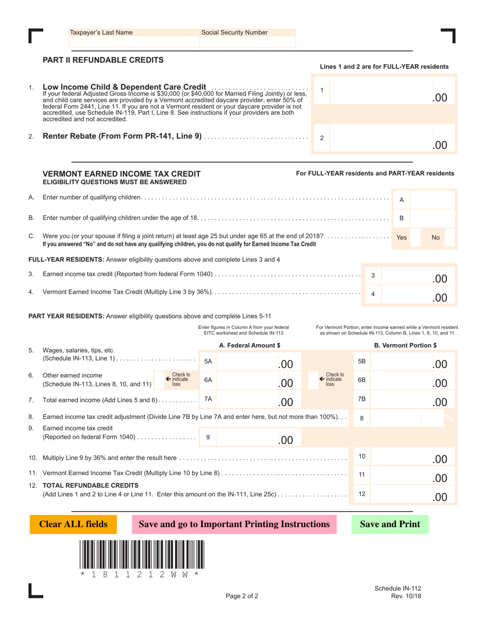 Schedule IN-112 Vermont Tax Adjustments and Credits - Vermont, Page 2