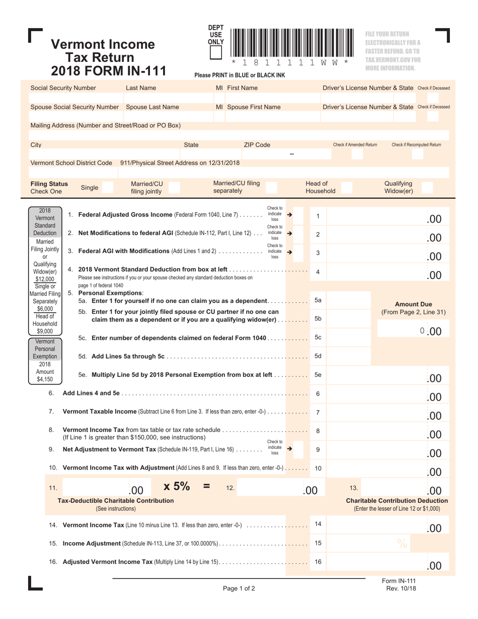 VT Form IN-111 Income Tax Return - Vermont, Page 1