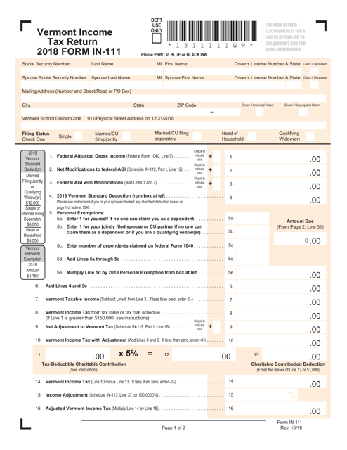 VT Form IN-111 Income Tax Return - Vermont, 2018