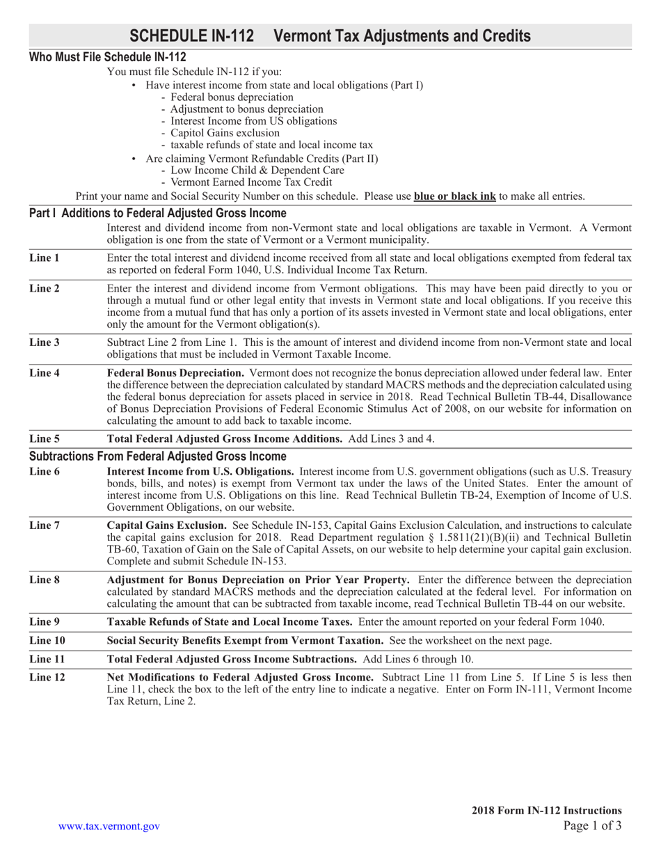 Instructions for Schedule IN-112 Vermont Tax Adjustments and Credits - Vermont, Page 1