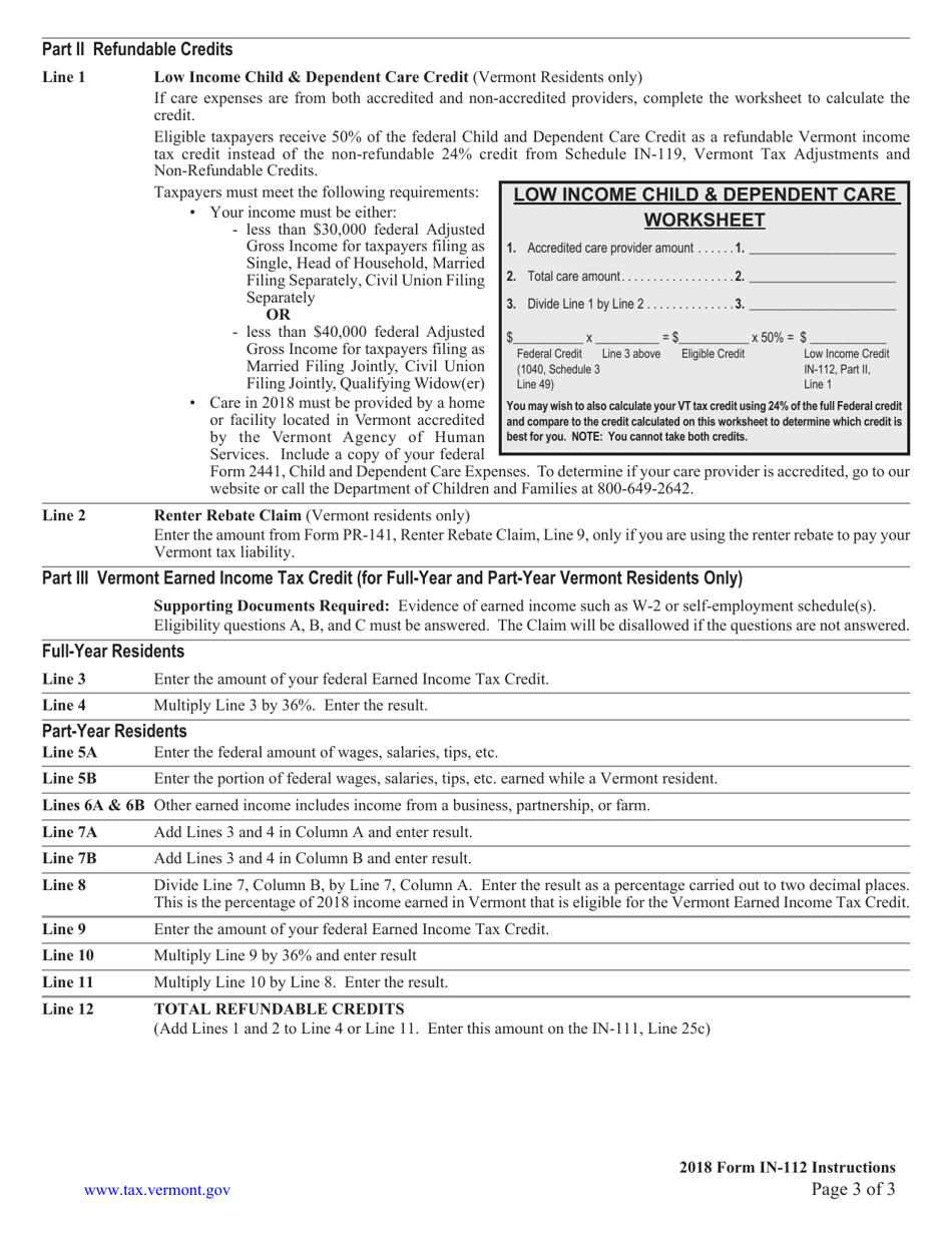 Instructions for Schedule IN-112 Vermont Tax Adjustments and Credits - Vermont, Page 3