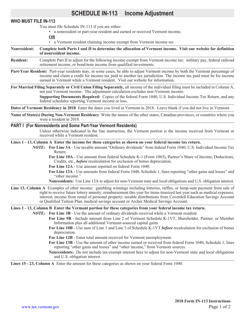Instructions for Schedule IN-113 Income Adjustment Calculations - Vermont, Page 1
