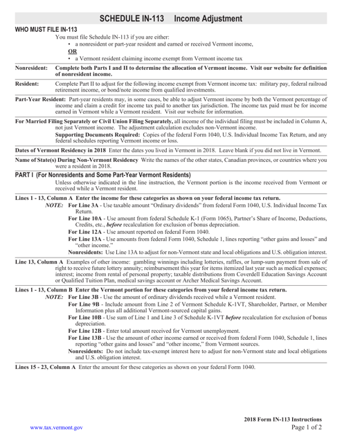 Schedule IN-113 2018 Printable Pdf