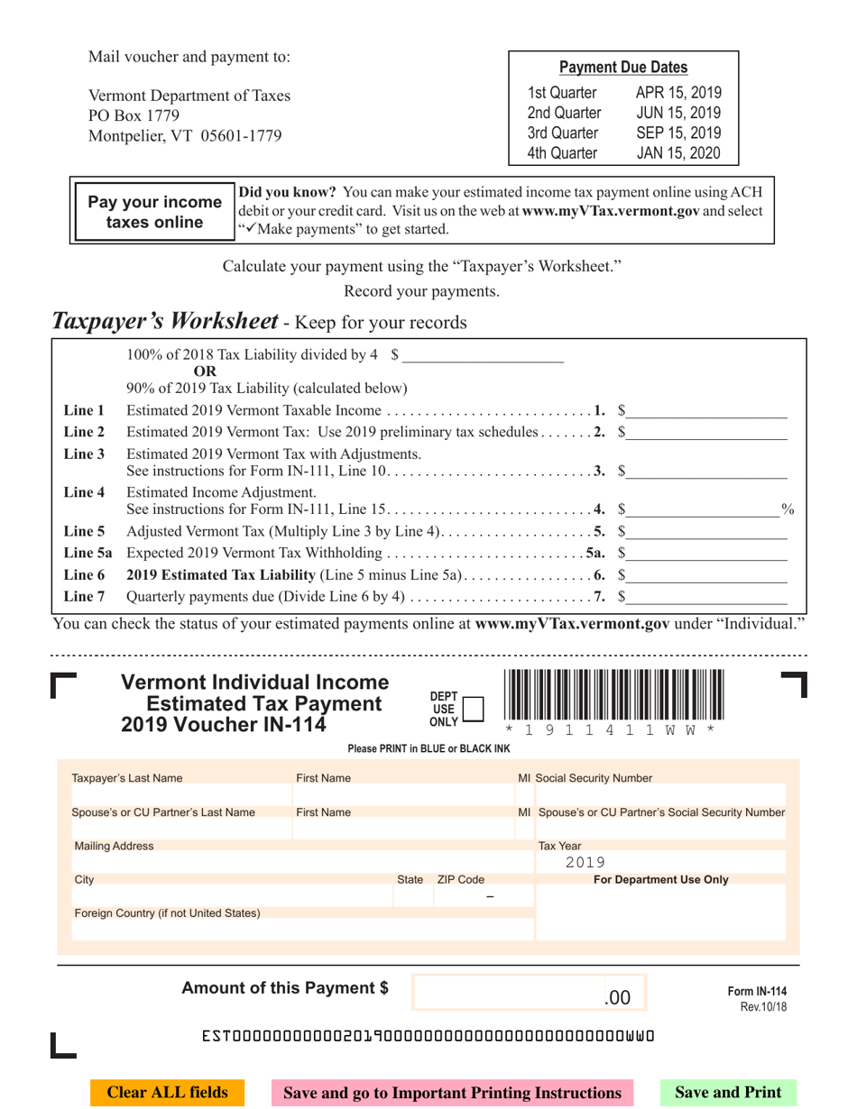 VT Form IN-114 Individual Income Estimated Tax Payment Voucher - Vermont, Page 1