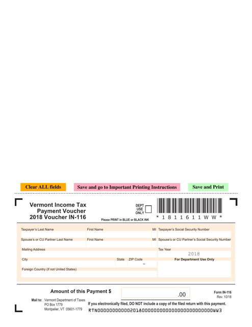 VT Form IN-116 Income Tax Payment Voucher - Vermont, 2018