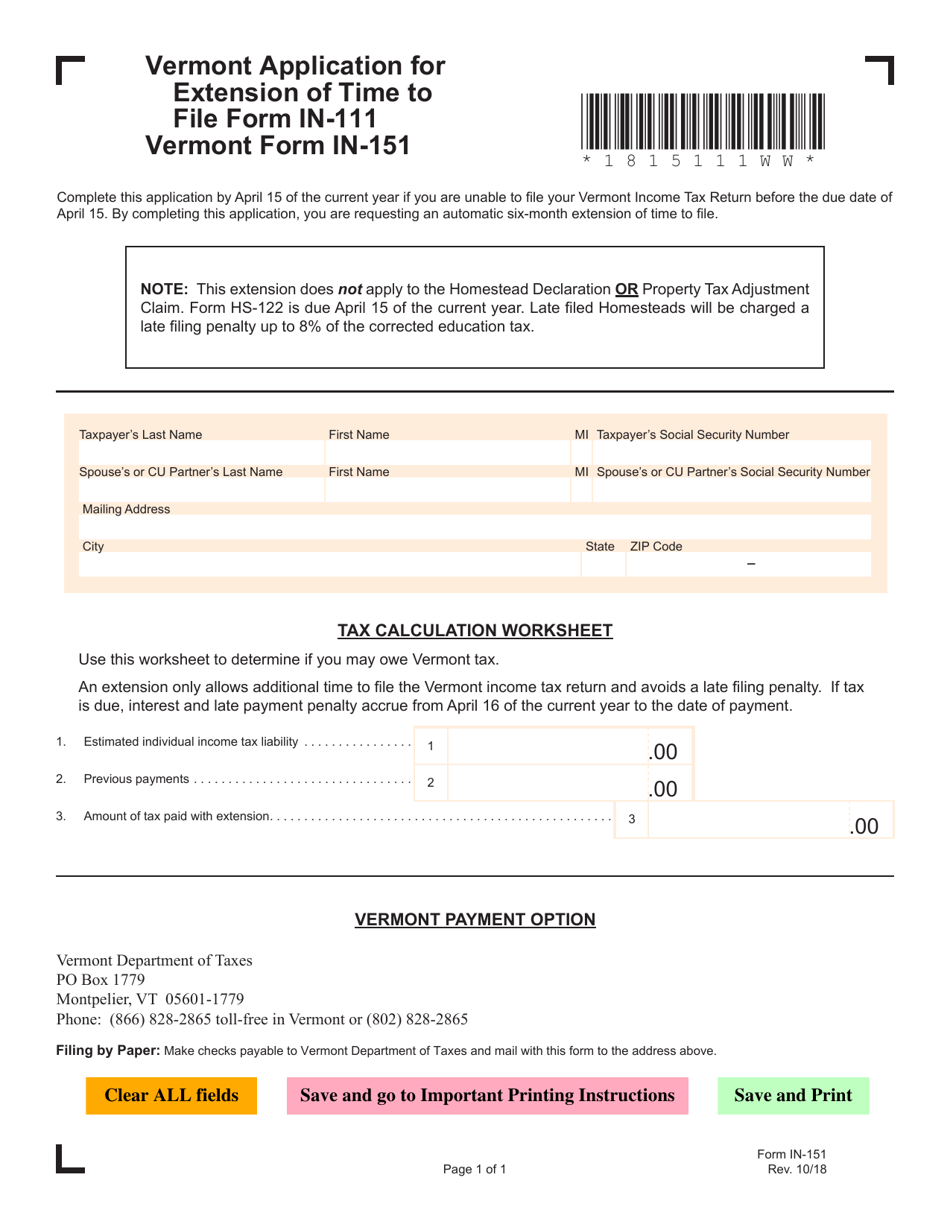 VT Form IN-151 Application for Extension of Time to File Form in-111 - Vermont, Page 1