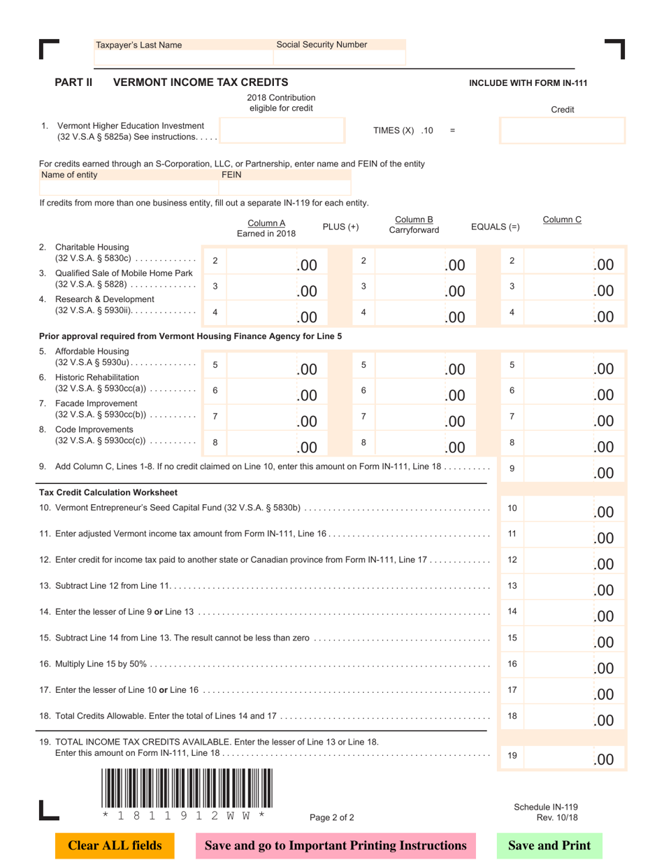 Schedule IN-119 Vermont Tax Adjustments and Non-refundable Credits - Vermont, Page 2