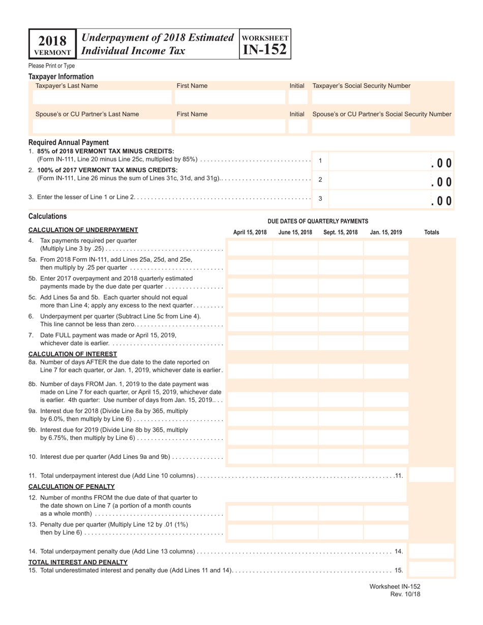 Worksheet in-152 - Underpayment of 2018 Estimated Individual Income Tax - Vermont, Page 1