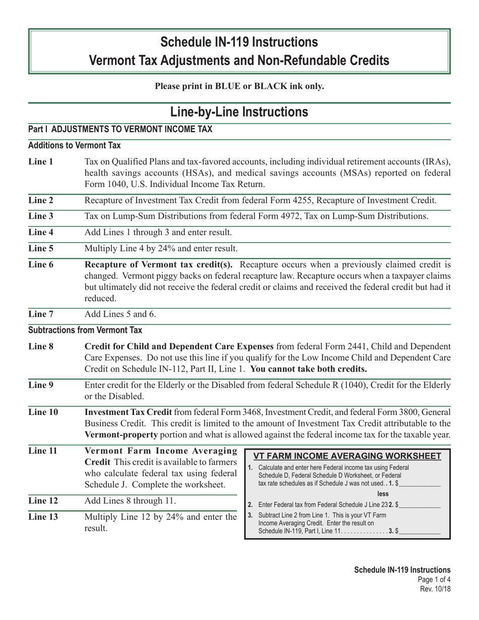 Instructions for Schedule IN-119 Vermont Tax Adjustments and Non-refundable Credits - Vermont, Page 1