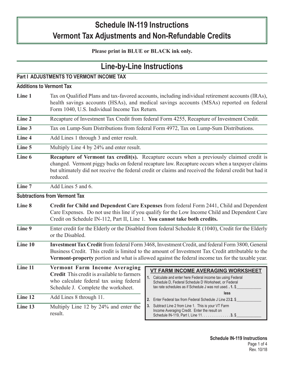 Download Instructions for Schedule IN119 Vermont Tax Adjustments and Nonrefundable Credits PDF