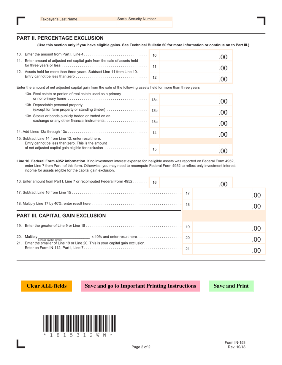Schedule IN-153 Capital Gain Exclusion Calculation - Vermont, Page 2