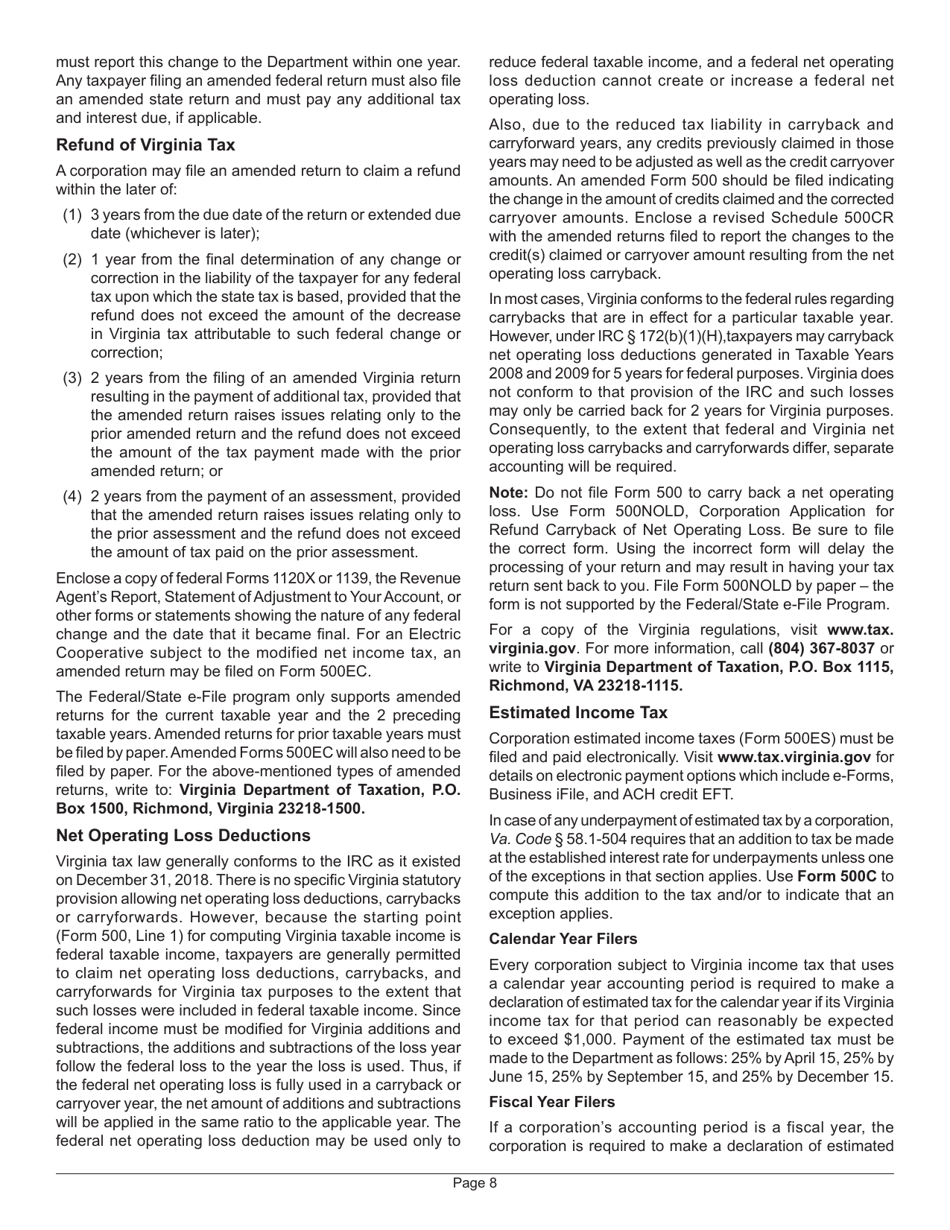 Instructions for Form 500 Virginia Corporation Income Tax Return - Virginia, Page 10
