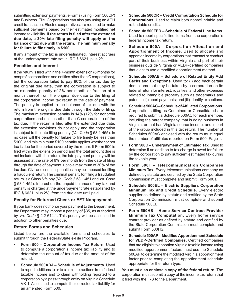 Instructions for Form 500 Virginia Corporation Income Tax Return - Virginia, Page 8