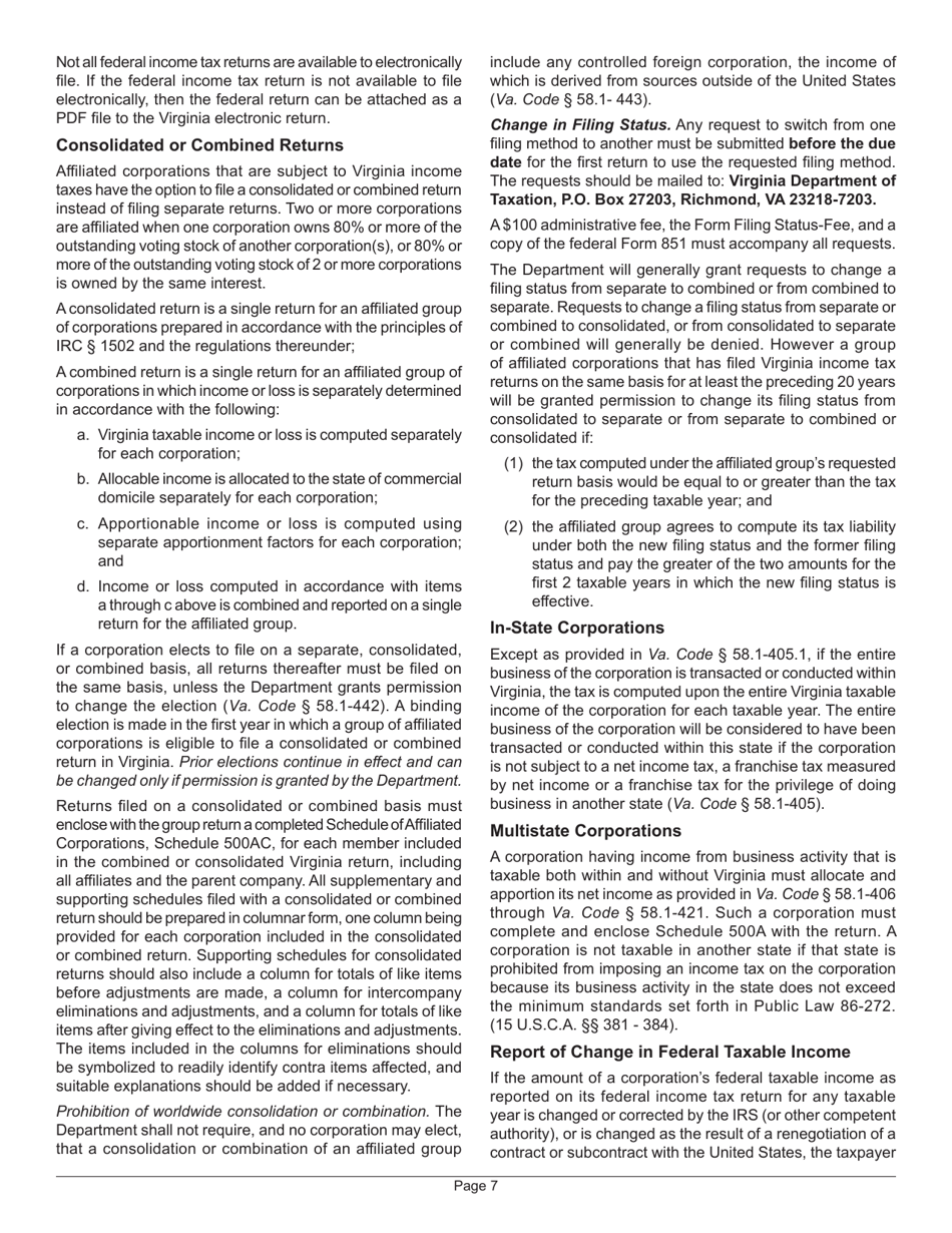 Instructions for Form 500 Virginia Corporation Income Tax Return - Virginia, Page 9