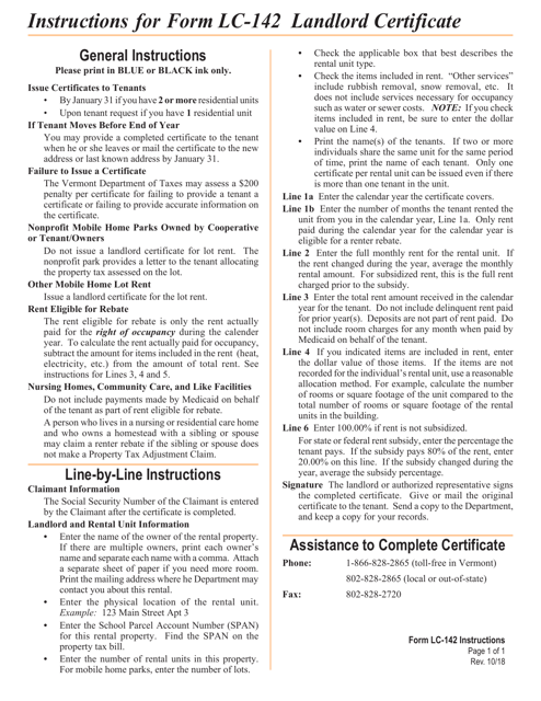 Instructions for VT Form LC-142 Landlord Certificate - Vermont