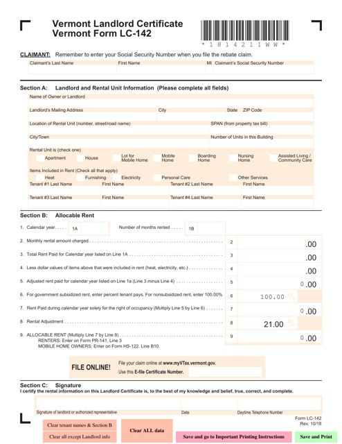 VT Form LC 142 Fill Out Sign Online and Download Fillable PDF