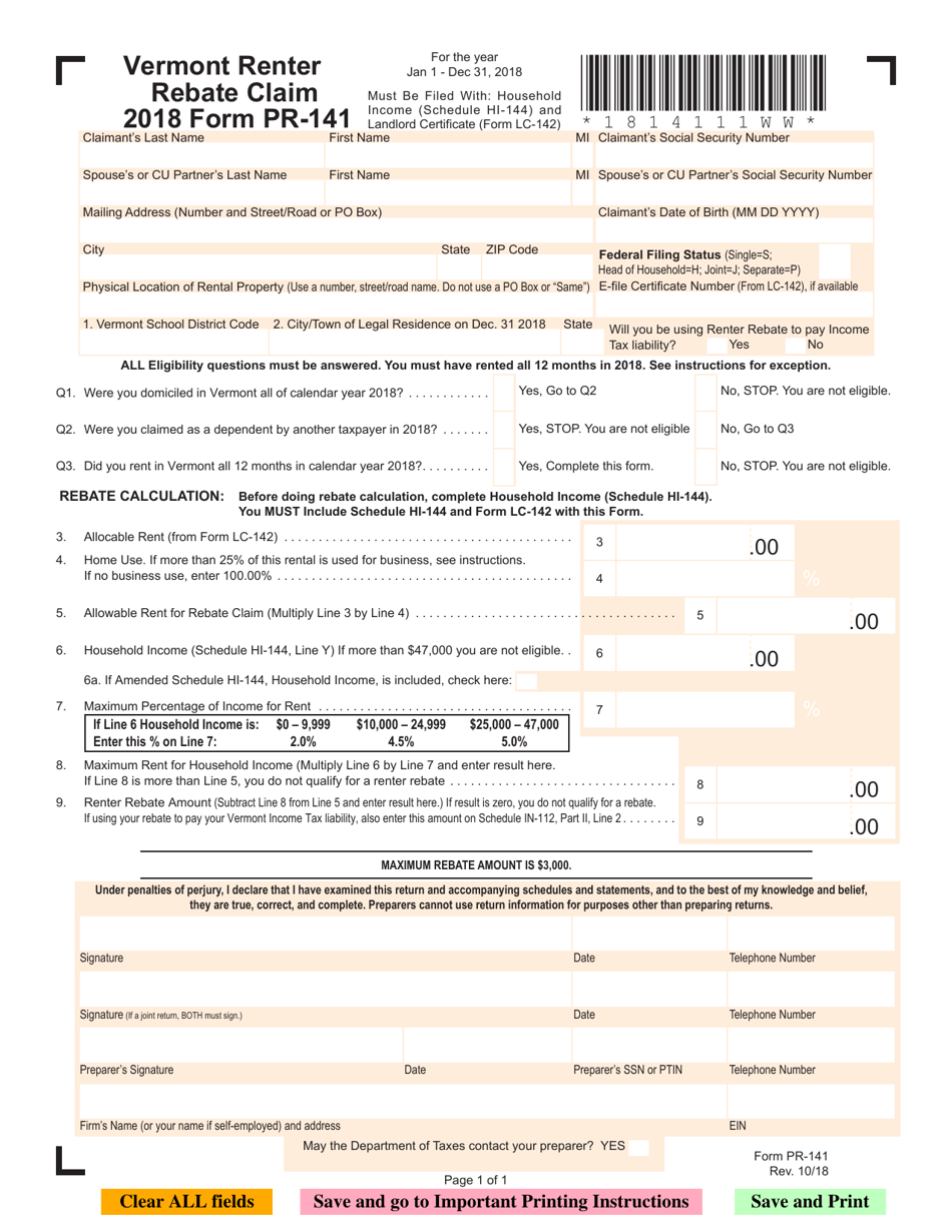 Form PR-141 Vermont Renter Rebate Claim - Vermont, Page 1