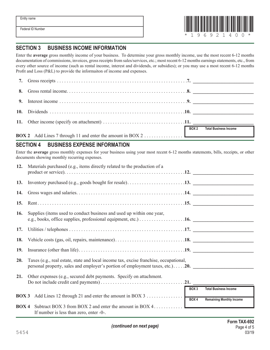 Schedule TAX-692 Financial and Income Statement for Businesses - Vermont, Page 4