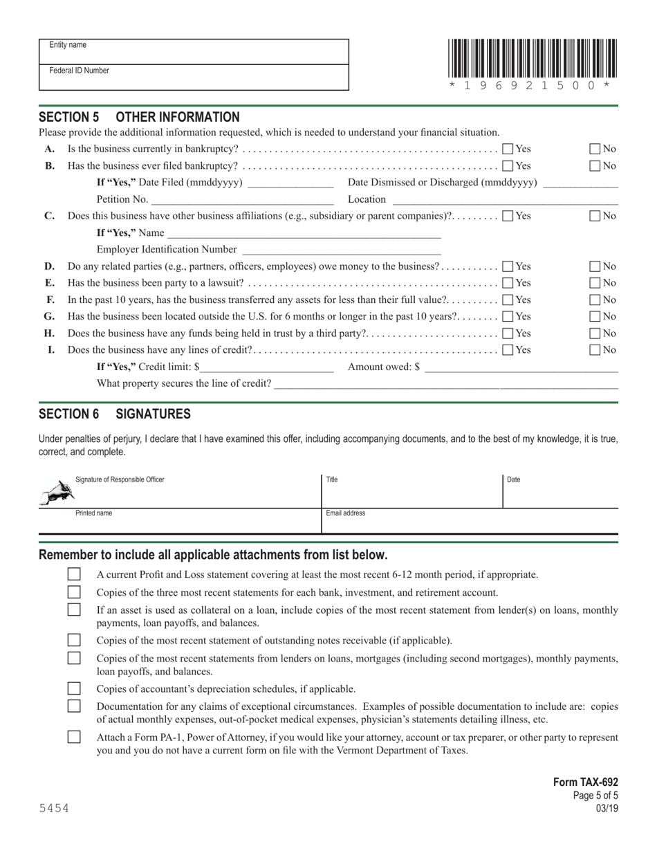 Schedule TAX-692 Financial and Income Statement for Businesses - Vermont, Page 5