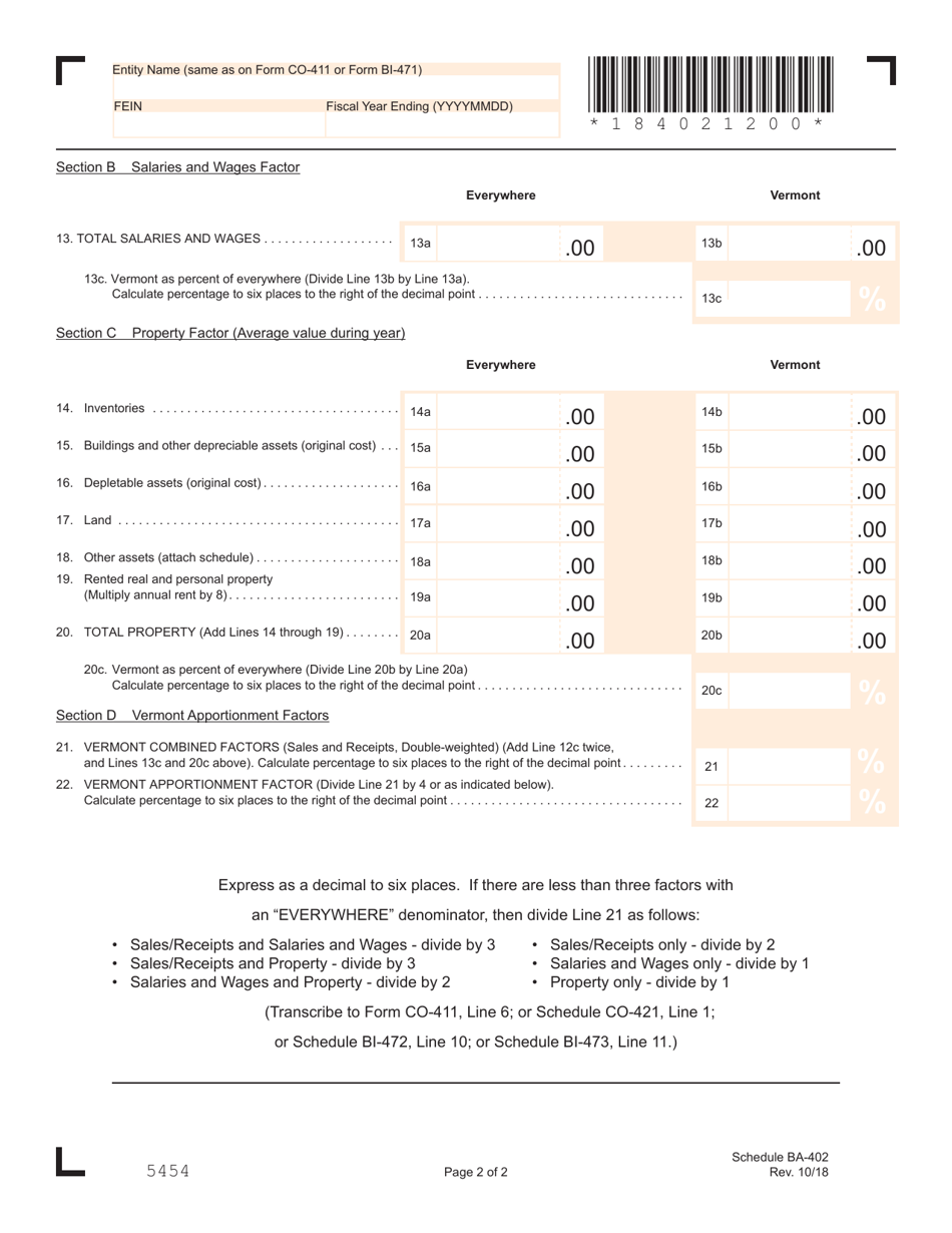Schedule BA-402 Apportionment  Allocation Schedule - Vermont, Page 2