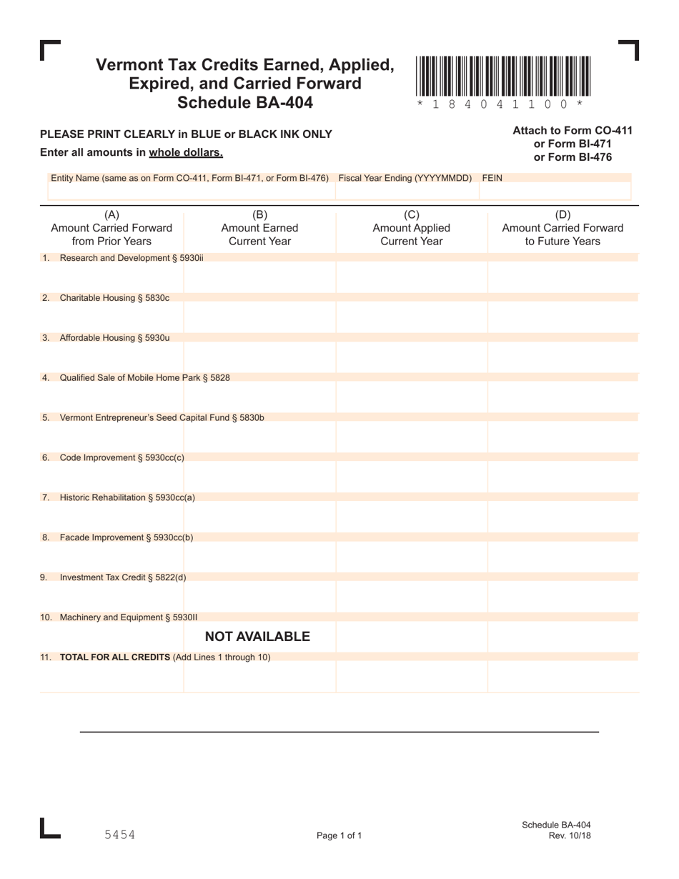 Schedule BA-404 Tax Credits Earned, Applied, Expired, and Carried Forward - Vermont, Page 1