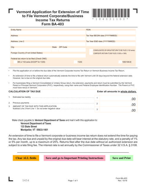VT Form BA-403 Application for Extension of Time to File Vermont Corporate/Business Income Tax Returns - Vermont